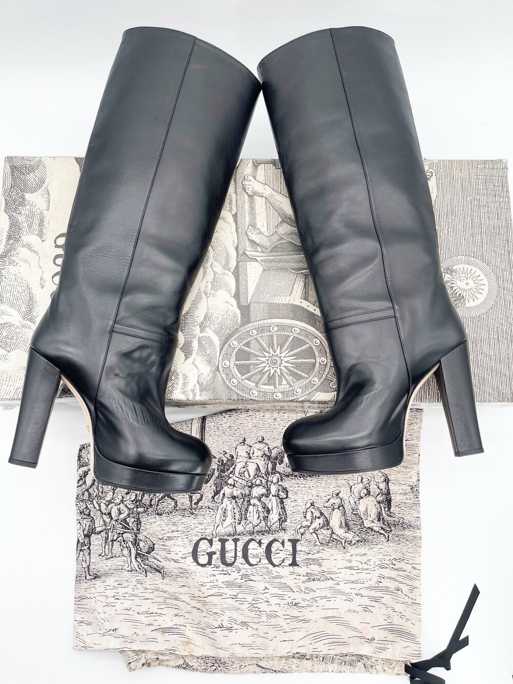 Gucci Black Leather 130mm Platform Knee High Round Toe Block Heel Boots IT 38.5